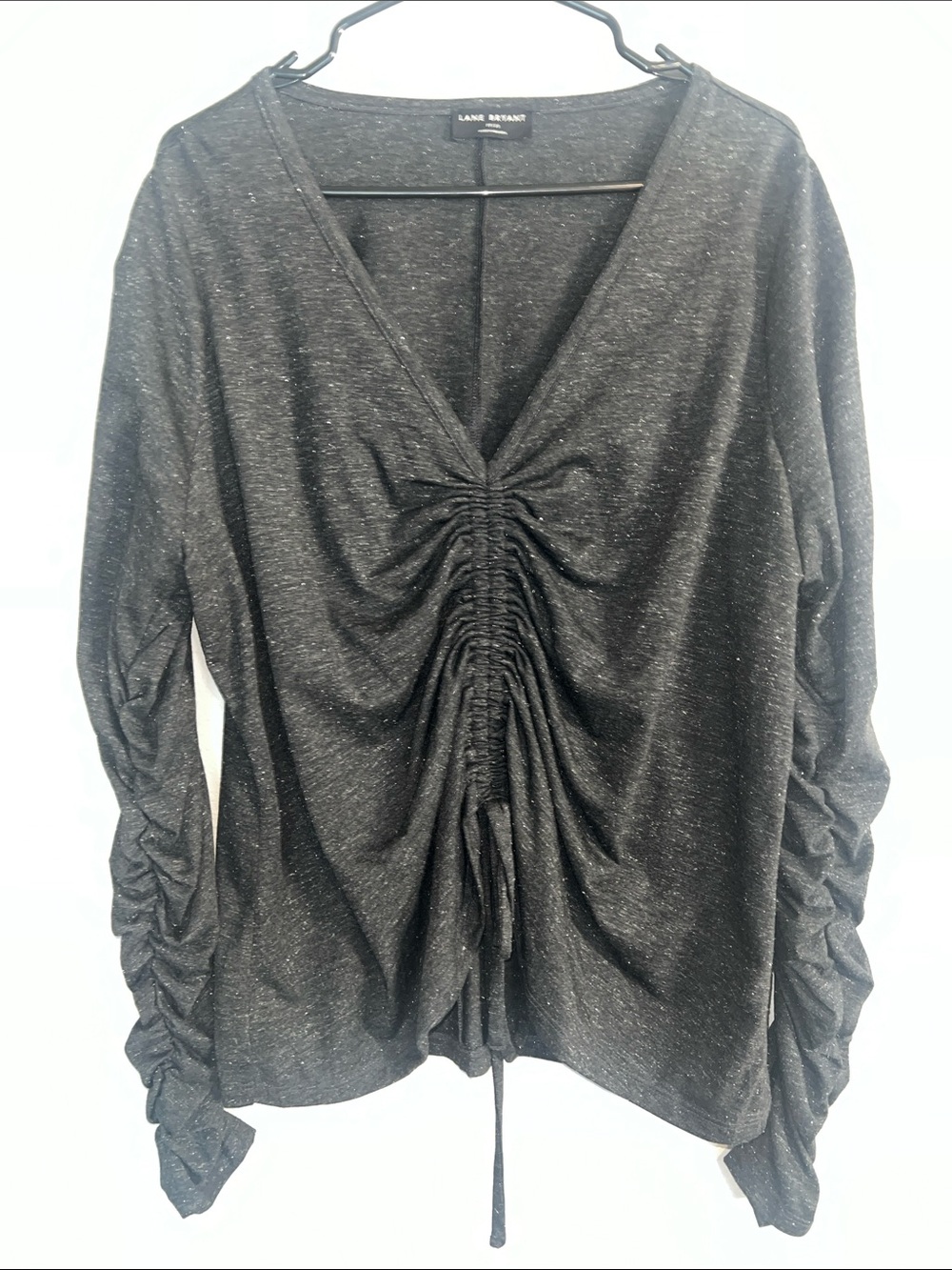 Lane Bryant Charcoal Black Ruched V-Neck Long Sleeve Top